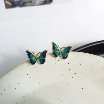 

S925 needle Fairy Fashion Jewelry Green Butterfly Earrings Golden Plating Enamel Stud Earrings Women Jewelry Girl