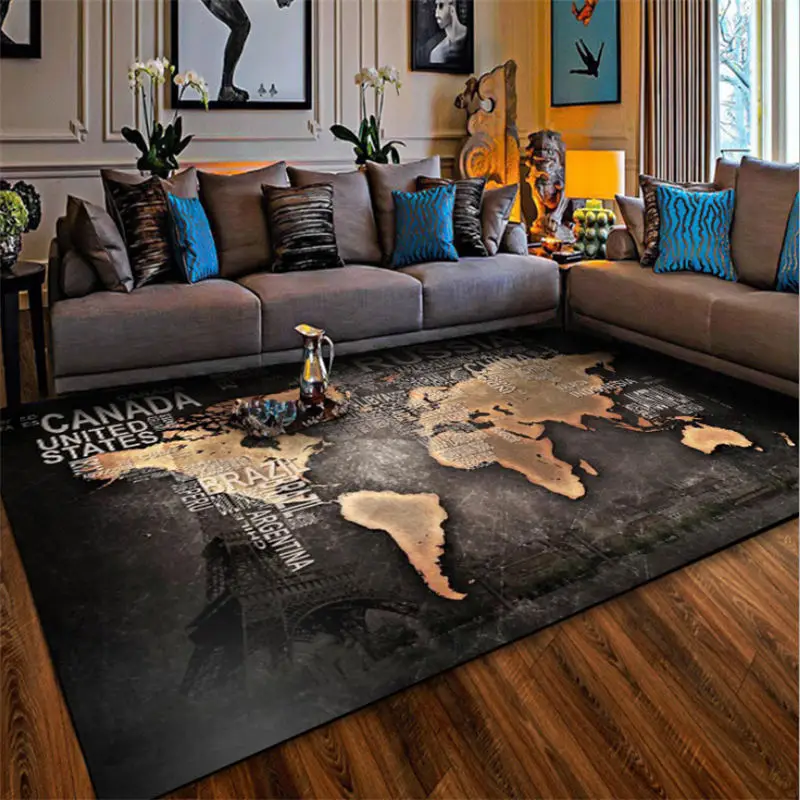 Area Rug for Living Room Vintage Black World Map Pattern Carpet Christmas Rug Floor Mat Living Room Table Accessories