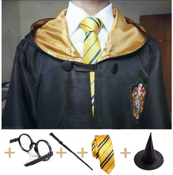 Hufflepuff full set Халат накидка с галстуком-шарфом палочка очки Ravenclaw Гриффиндор Hufflepuff Слизерин Гермиона костюмы Харрис костюмы - Цвет: Hufflepuff full set