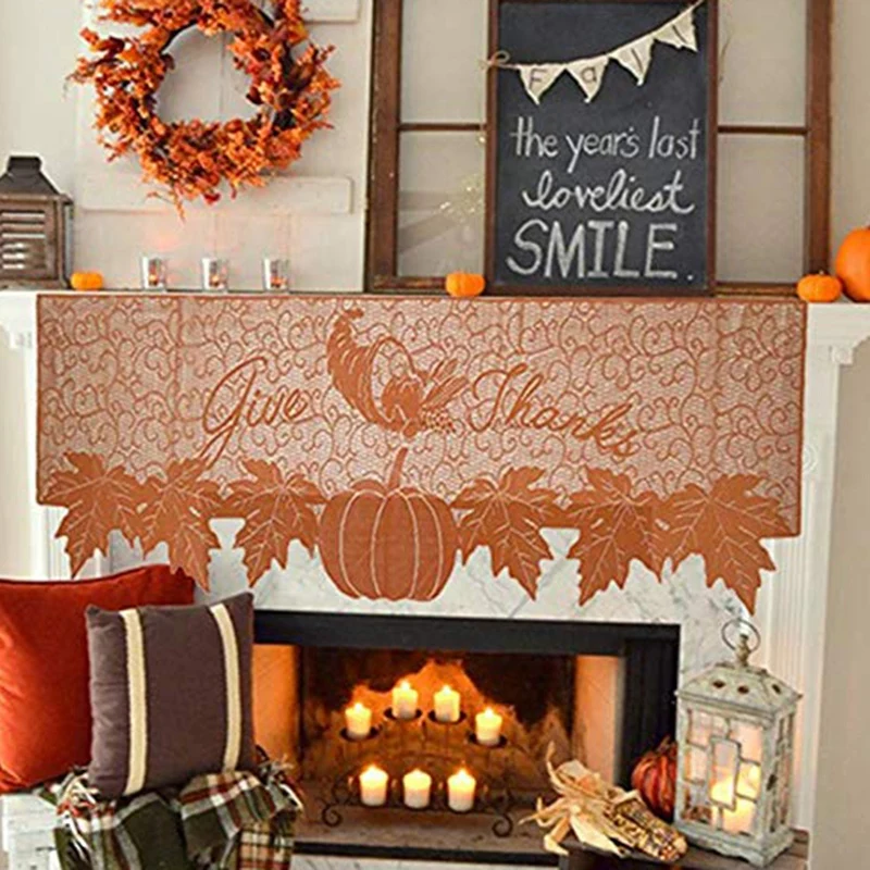 Thanksgiving Decoration Fireplace Cloth Decoration Pumpkin Maple Leaf Lace Cloth Thanksgiving Decoration 2 Pack