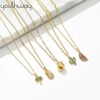 

Bling CZ Zircon Paved Pineapple Necklace Gold Plated Brass Chain Steric Apple Color Zircon Watermelon cactus Pendant Necklace