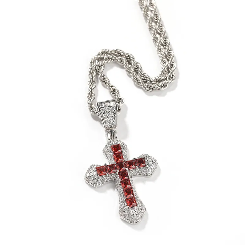

Hip Hop Iced Out Cross Necklace Pendant Red Zircon with Tennis Chain Mens Bling Jewelry Gift