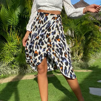 

Irregular Split Midi Skirts Plus Size Spring Summer Chiffon Leopard Printed Holiday Skirt New Women Elegant Slim Skirts G1292
