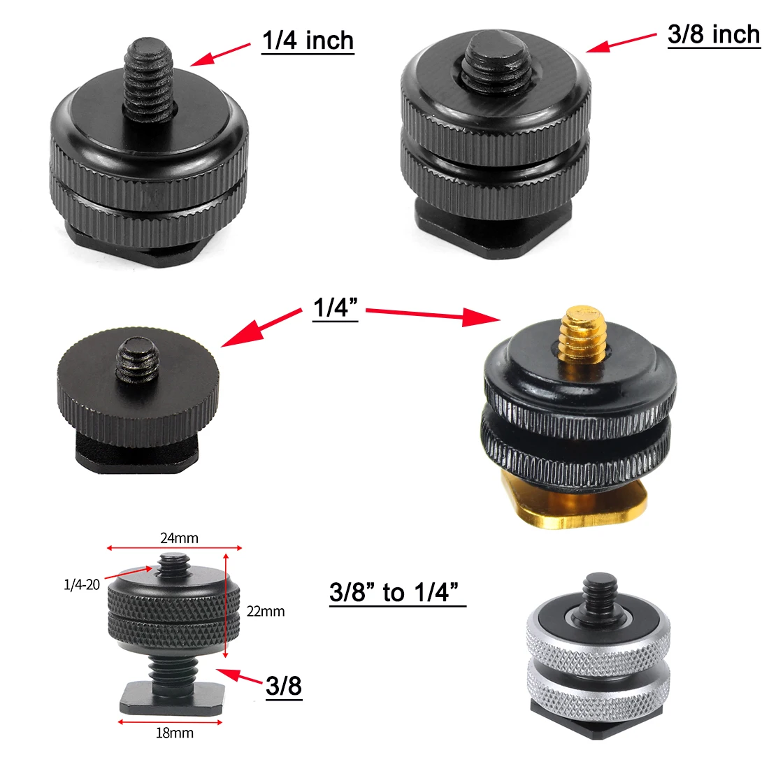 3/8 1/4 Double Nut Single Cold Shoe Tripod Mount to Flash Hot Shoe Screw Adapter for GoPro Hero Action Camera DSLR Photo Studio