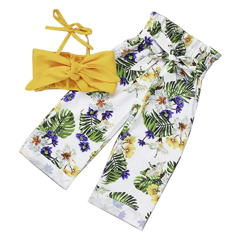 

2 2 Pcs/set Children Bow Sling Tops Pants Suit Kids Girls Flower Print High Waist Trousers Suits Seaside Style Vacation Holiday