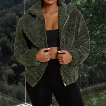 

Jacket Women Winter Popular Coat Lapel Fleece Fuzzy Faux Shearling Zipper Hooded Warm Outwear Jacket Top Wool Coats #910