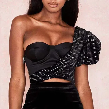 

Women Puff Sleeve One Shoulder Crop Top Sexy Strapless Solid Black Diamond Blouse Outfit Luxury Ultra Short Shirts