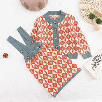 

kids baby girls autumn full sleeve tops outwear jacket plaid coat sweater off shoulder strap dress toddler clothes 2pcs 2-8Y