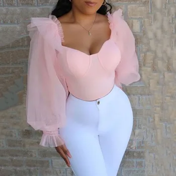 

Women Blouse Solid Color Pink Mesh Long Sleeve Casual Plain Pullover Short Female Tops Sexy V-Neck Party Skinny Shirts