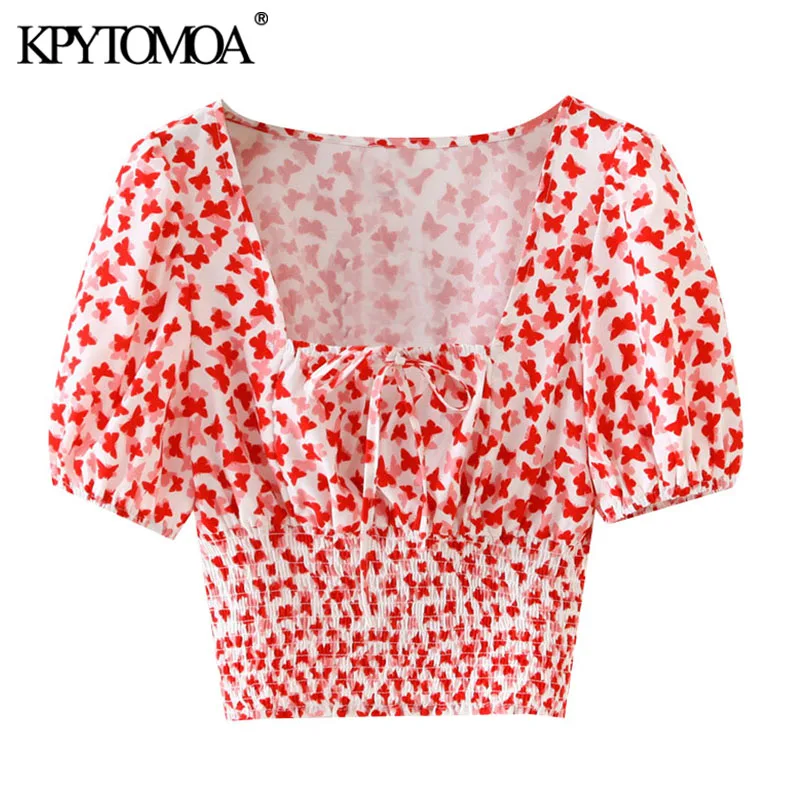 KPYTOMOA Women 2020 Fashion Printed Cropped Blouses Vintage Tied Square Collar Puff Sleeve Female Shirts Blusas Chic Tops KPYTOMOA Women 2020 Fashion Printed Cropped Blouses Vintage Tied Square Collar Puff Sleeve Female Shirts Blusas Chic Tops