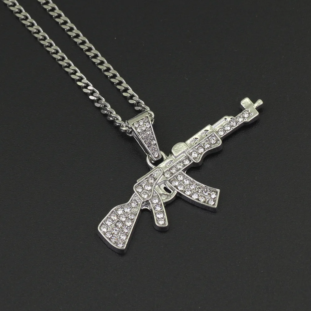Silver Bling bling AK-47 вращающийся пистолет-пулемет, в стиле «хип-хоп» золото cеребро кулон кристалл ожерелье, льдом кубинская цепь ювелирные изделия - Окраска металла: Silver