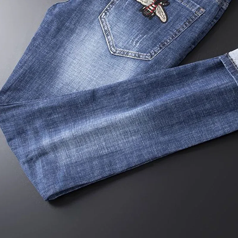 Summer Thin Jeans Men's Embroidered Slim Straight Trousers Waist Stretch Men's Pants