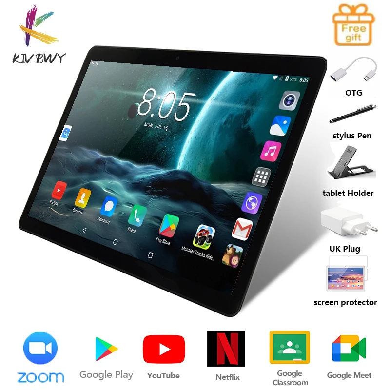 KIVBWY Tablet Pc 10.1 Inch Android 9.0 Tablets Octa Core Google Play 4G LTE Phone Call GPS WiFi Bluetooth 10 Inch Glass Panel