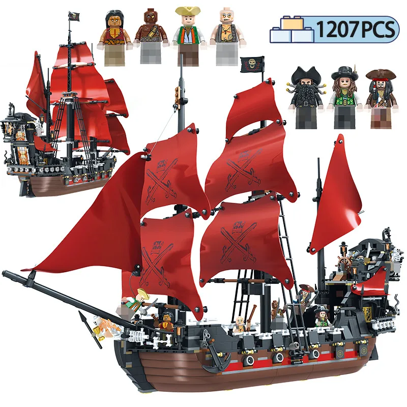 

1270PCS Caribbean Pirate Sailing Ship Building Blocks For Legoingly Queen Anne Revenge Boat Model Bricks Gifts Toys For Children