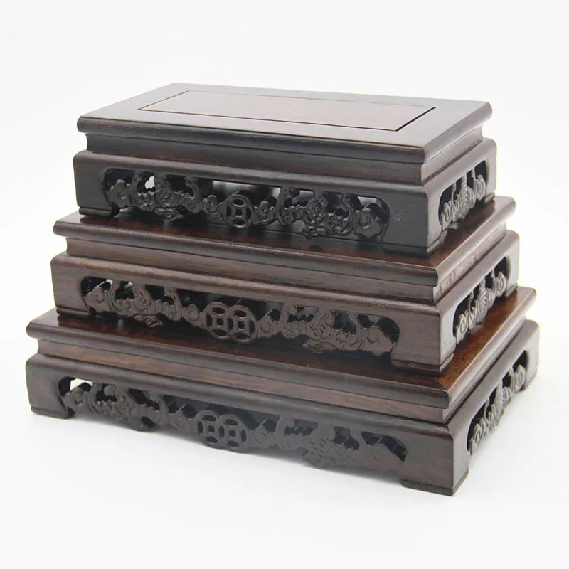 

Mahogany Crafts Solid Wood Jade Pierced Engraved Black Catalpa Wood Rectangular Vase Bonsai Decoration Bat Base