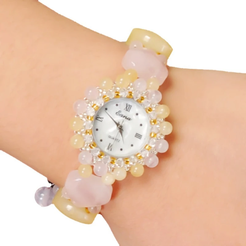 

Luxury Women Quartz Watch Ladies Bracelet Wristwatch Nature Topaz and Pink Crystal Jewelry Gifts