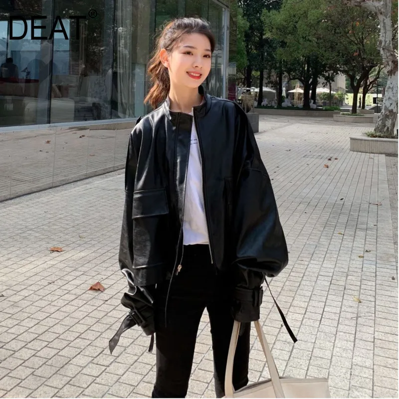 

[DEAT] 2019 New Autumn Winter Stand Collar Long Sleeve Pu Leather Ribbon Loose Temperament Jacket Women Coat Fashion Tide 13D475