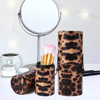 

Leather Makeup Brush Holder Travel Leopard Print Cosmetic Pen Storage Cup