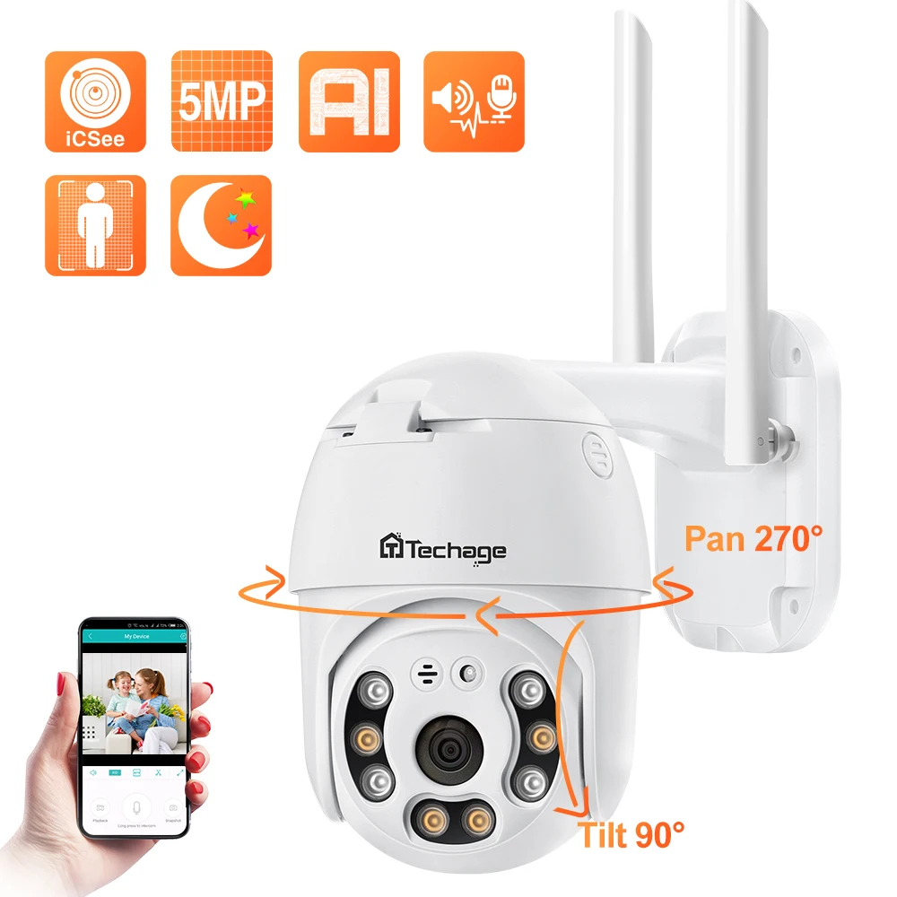 Techage 5MP HD WiFi IP камера Наружная водонепроницаемая PTZ AI Камера безопасности с