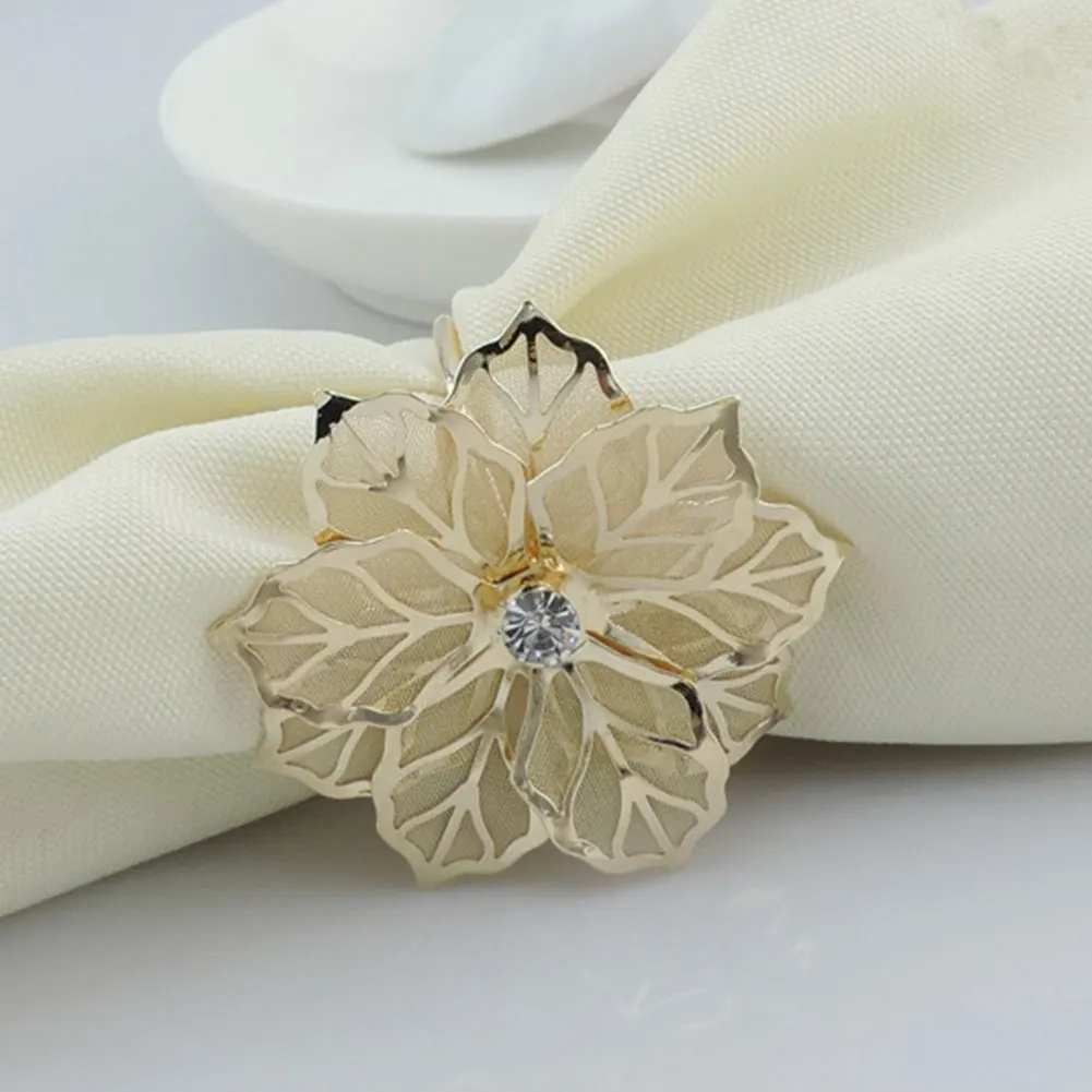 12pcs Party Wedding Decor Metal Mesh Holder Towel Table West Dinner Hotel Napkin Rings Home Crystal Flower Serviette Banquet