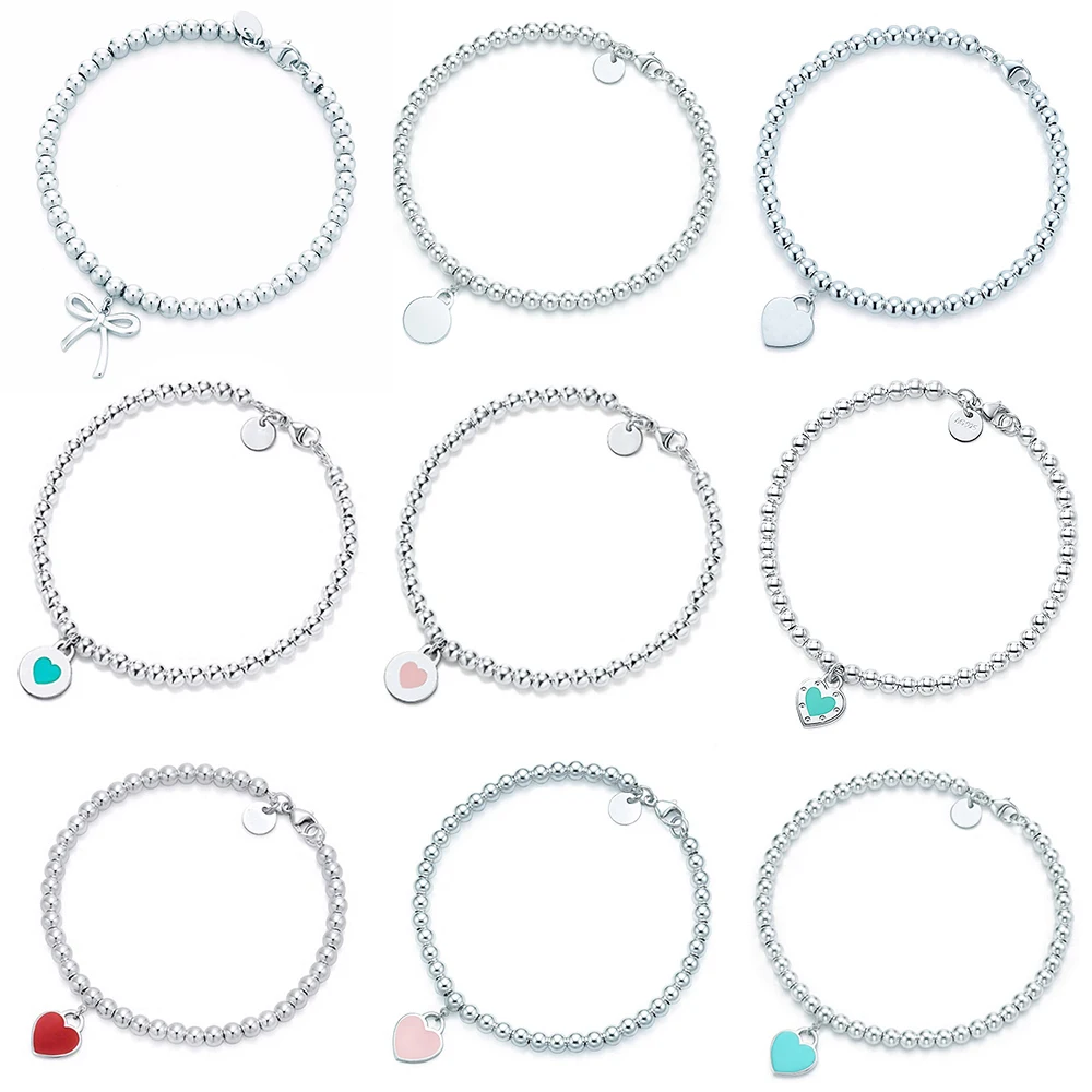 

Suef 100% 925 Sterling Silver Love Heart Shape Round Bow Bead Bracelet Simple Temperament Women Original TIFF Jewelry Gift