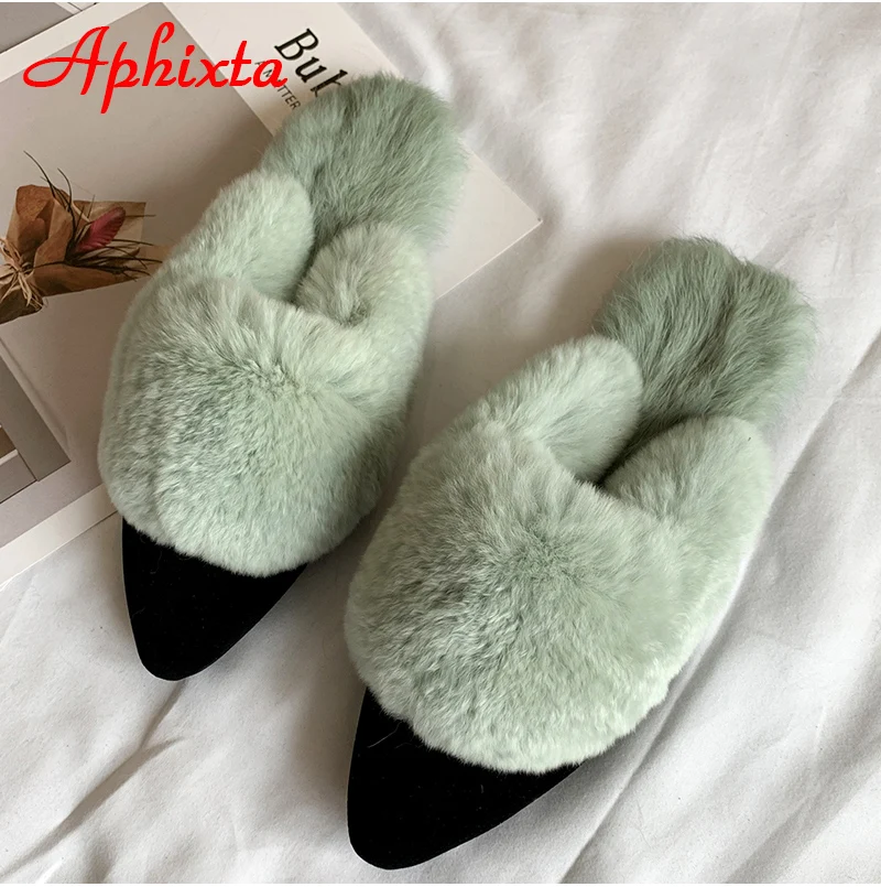Aphixta/шлепанцы с натуральным животным мехом; женские шлепанцы с натуральным кроликом; Вьетнамки; пушистые меховые сандалии; плюшевые туфли; удивительный подарок