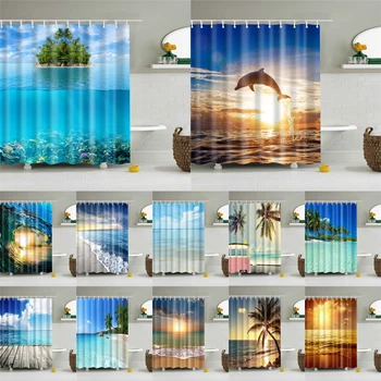 

Mildew Resistant Bath Curtain Polyester Waterproof Shower Curtain Seascape Prints and Gears 12pc Hook Home Decor Bathroom