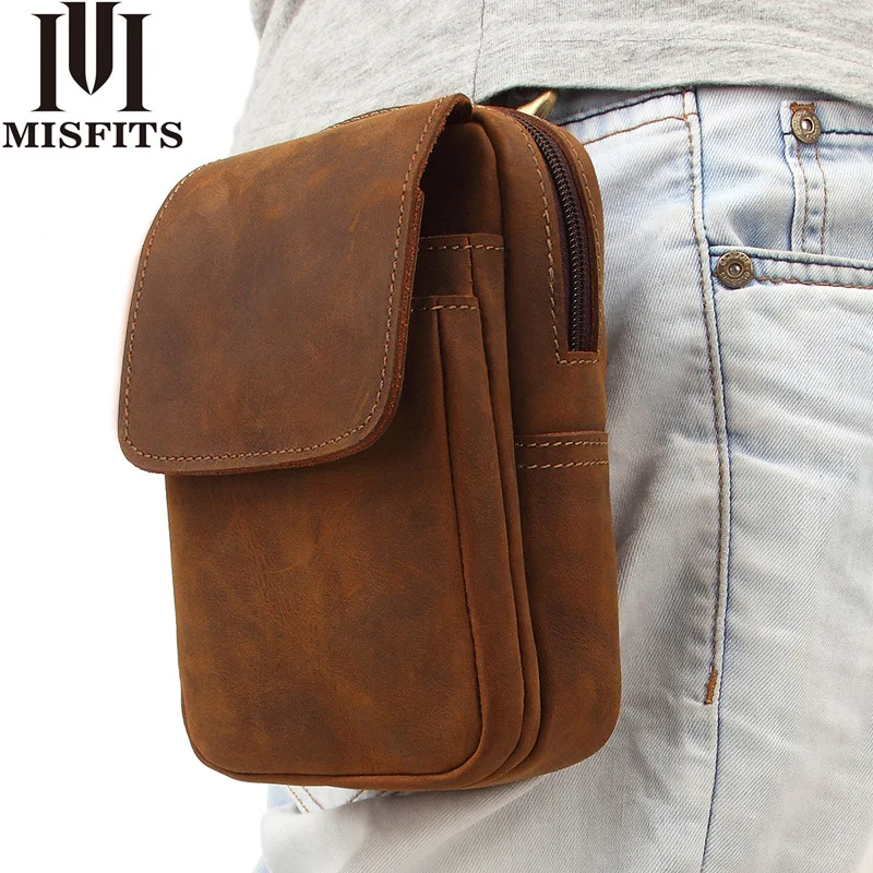 

MISFITS 2020 Men's Multifunctional Genuine leather Waist Packs Interior Slot Pocket Zipper Hasp Large Capacity Cell Phone Pocket