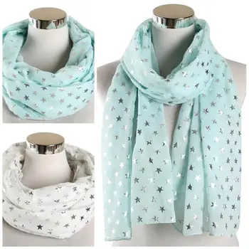 

2020 New Women Fashion Metallic Foil Silver Long Scarf Polyester White Blue Wrap Ladies Shawl Five-Pointed Star Scarves Summer