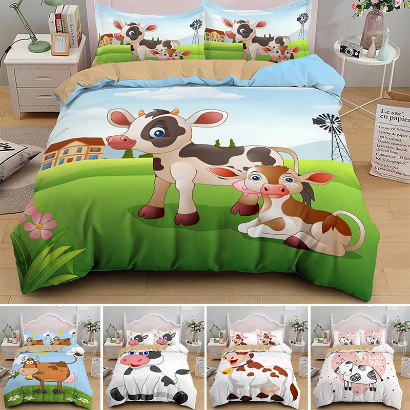 Cartoon Cow Duvet Cover Kids Single King Size Bedding Set Comforter Covers 2/3PCS With Pillowcase Drop Shipping | Дом и сад