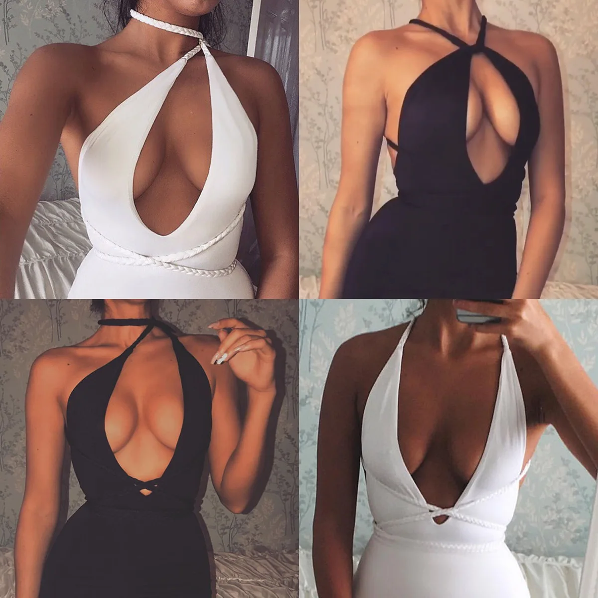 

7501 AliExpress Supply of Goods Linen Flower Color Bandage Cloth with Series Sheath Deep-V Backless Black And White Dress Clothe