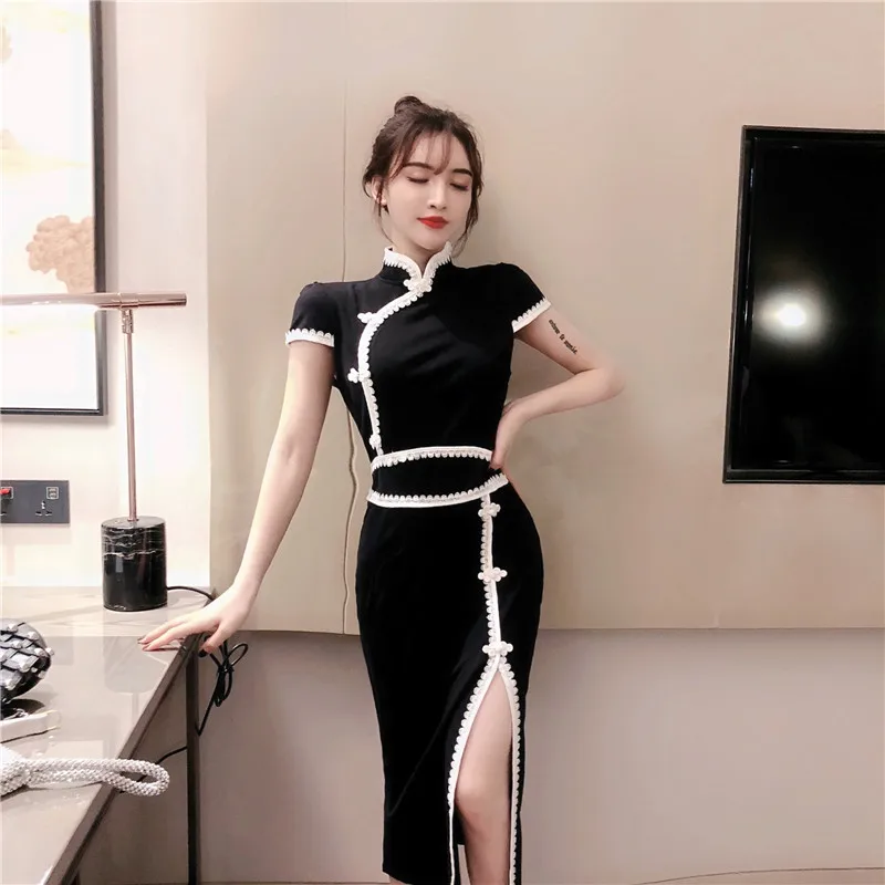 Ретро-табличка в китайском стиле, с пряжкой, Cheongsam, сексуальные, открытые, длинные, вечерние, черные, женские, с высокой талией, с короткими рукавами, для ночного клуба