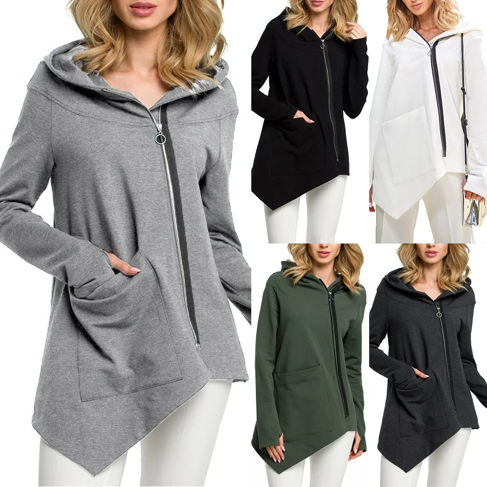 

2020 Autumn/Winter Women's Long Style Irregular Inclined Zipper Hoodie Leisure Loose Irregula Coat Pocket