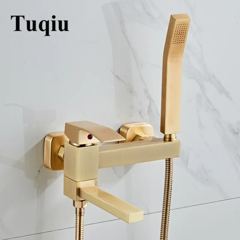 Tuqiu набор для ванной, набор для душа, Настенный матовый золотой кран для ванной, кран для холодной и горячей ванны и душа, латунный смеситель