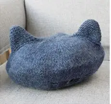 Однотонный вязаный берет с кошачьими ушками, Зимний берет, корейский японский стиль, берет художника - Цвет: blue