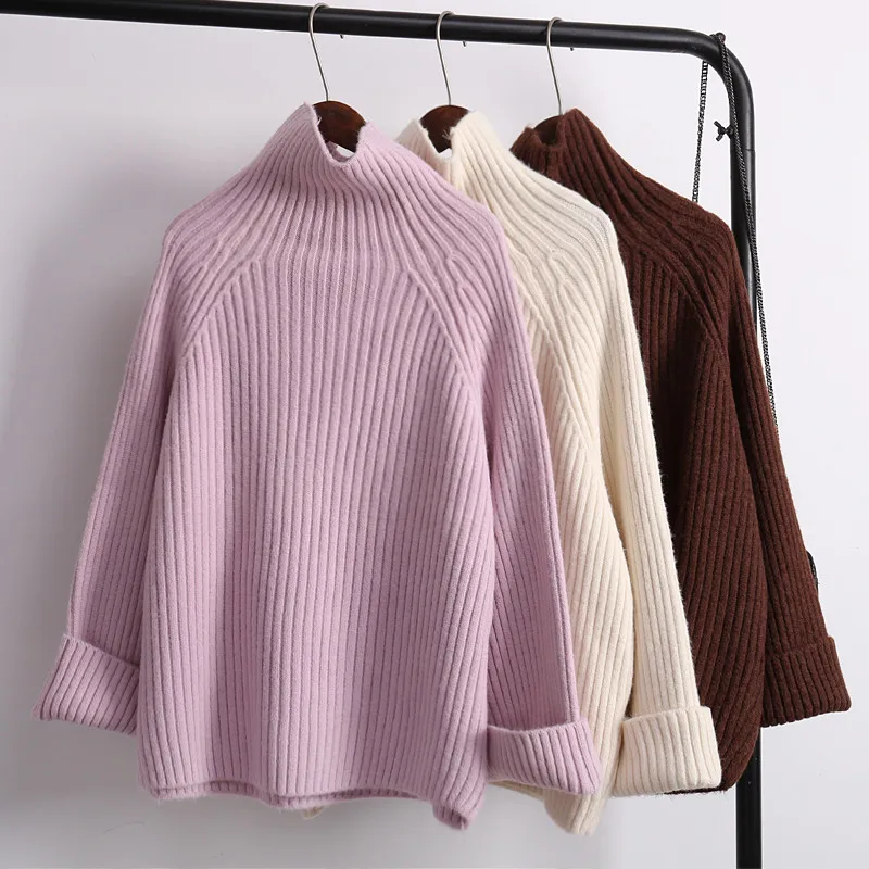 Распродажа женский зимний коричневый свитер пуловер Женский Повседневный свободный толстый теплый длинный рукав водолазка пуловеры свитера