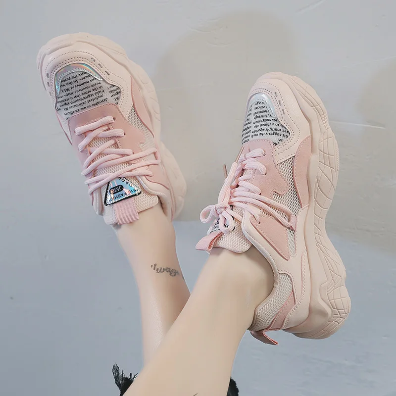 

White Shoes Women Designer Korean Fashion Thick Platform Chunky Sneakers High 5cm Split Leather Light Breathable Tenis Feminino