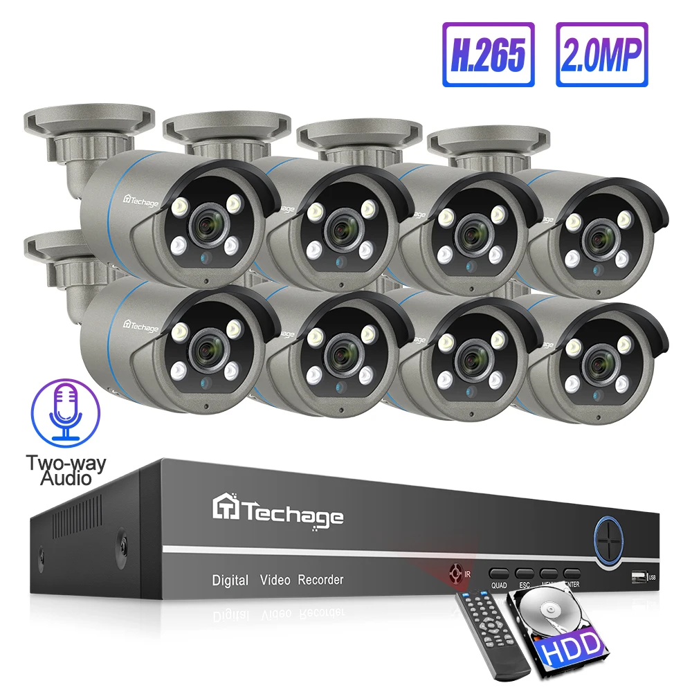  Techage 8CH 48V H.265 POE NVR AI CCTV Camera System 2-Way Audio Sound Speaker Record Waterproof Sec