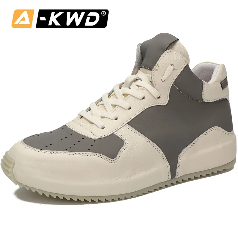 New Men Casual Shoes Fashion Black Designer Shoes Genuine Leather Shoes High Top Men Sneakers Chausure Homme Luxury Sneakers Men - Цвет: White-Grey