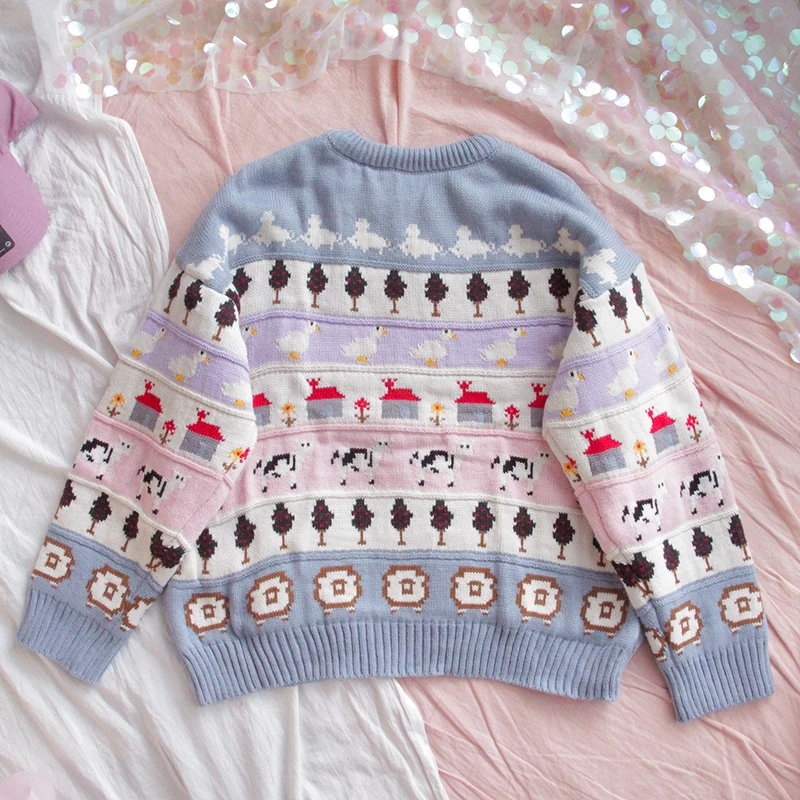 

Cartoon Kawaii Knitted Pullovers Casual O-Neck Preppy Print Jacquard Sweater Women Autumn Winter Long Sleeve Elegant Retro W131