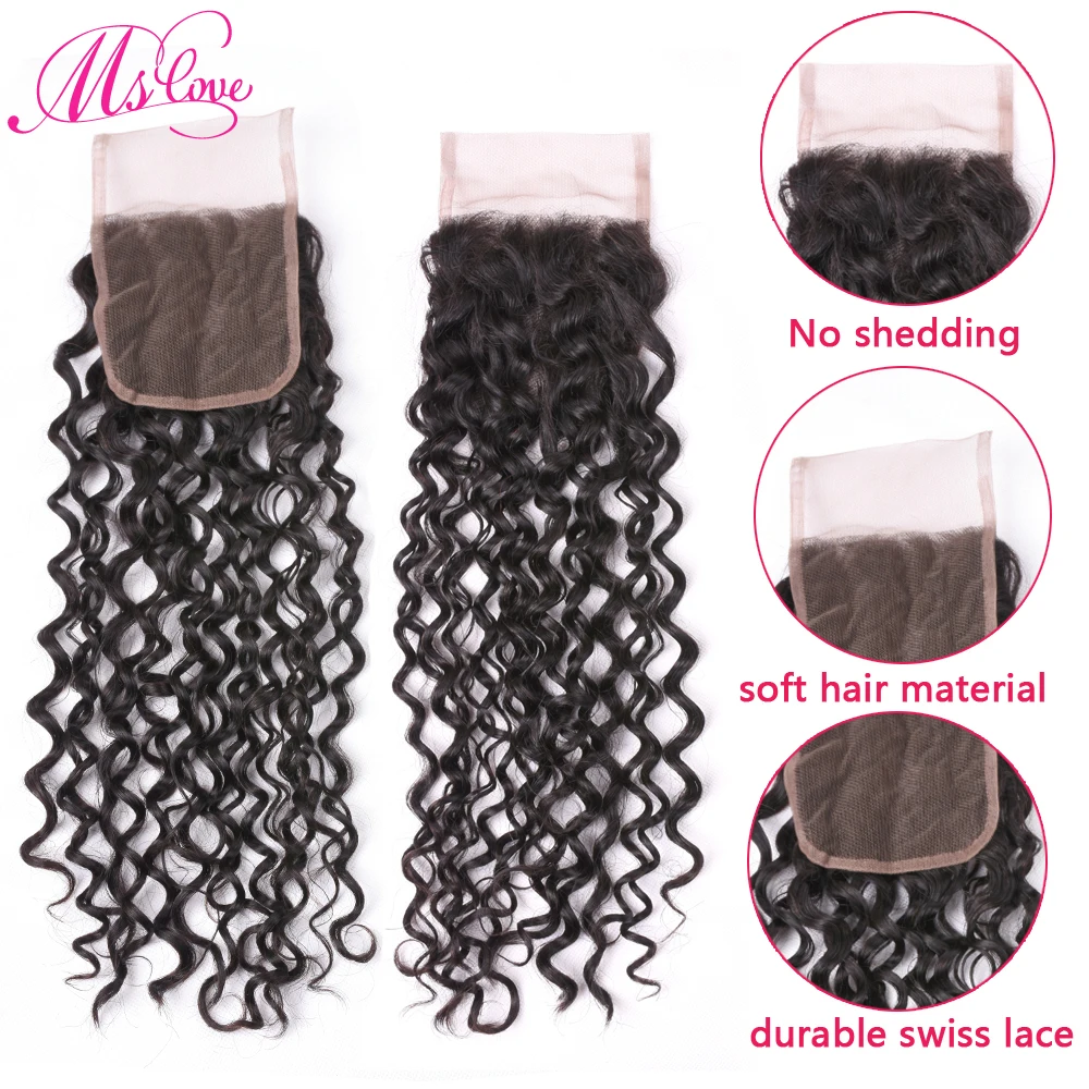 Волнистые пучки с закрытием бразильские волос 3 человеческие 4x4 Размер шнурка не