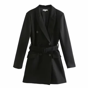 

Women Elegant Suit Jacket Dress Long Sleeve Double-breasted with Belt Pocket Female Casual Office Wear Mini Blazers Dresses