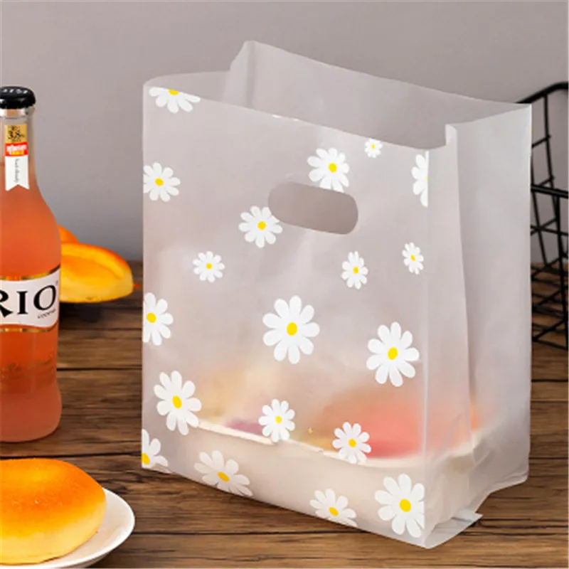 

50Pcs Daisy Flower Printed Plastic Coffee Bread Shop Bakery Cookies Pastry Nougat Food Takeaway Packaging Party Gift Bags