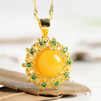 

Natural beeswax pendant original 925 silver inlaid jewelry accessories necklace amber pendant to send certificate female models