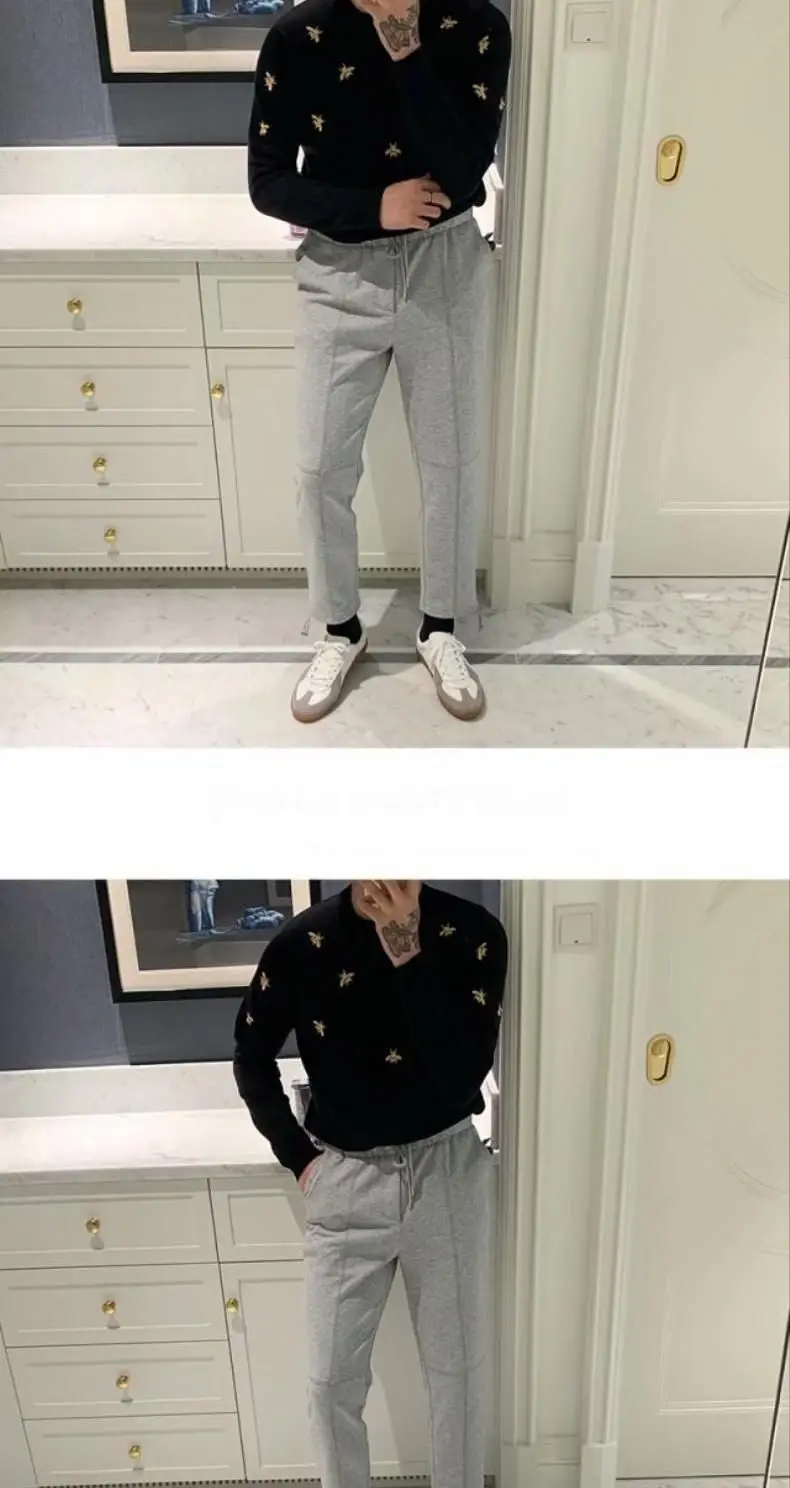Men Knitted Pullover Black O Neck Bee Embroidery Soft Sweater Handsome Autumn Winter Casual Top Wholesale 2022 New Male Clothes Men Knitted Pullover Black O Neck Bee Embroidery Soft Sweater Handsome Autumn Winter Casual Top Wholesale 2022 New Male Clothes