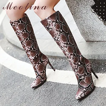 

Meotina Winter Knee High Boots Women Snake Print Thin Heels Tall Boots Sexy Slim Extreme High Heel Shoes Ladies Autumn Red 34-43