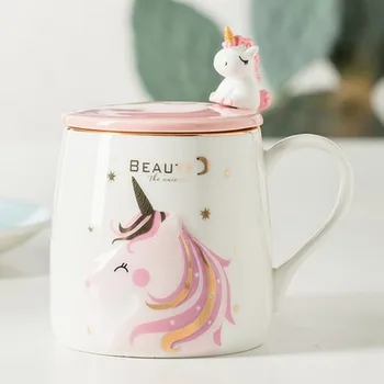 

380ml Simple and Cute Unicorn Mark Cup Creative Girl Heart Gift Ceramic Water Cup Coffee Milk Breakfast Cup with Lid Spoon