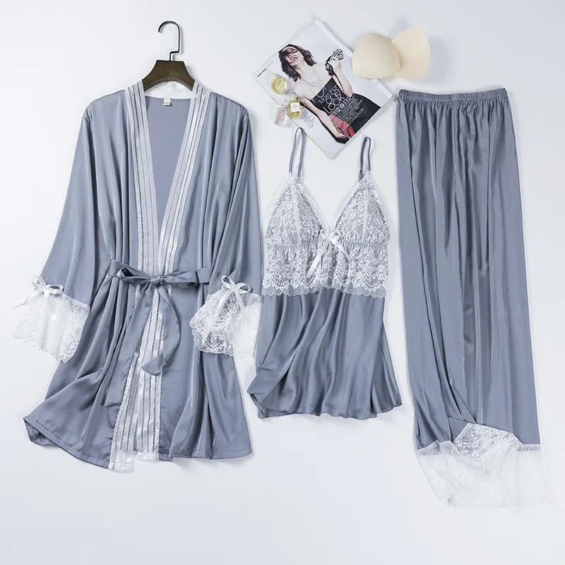 grey set Fiklyc нижнее белье весенние женские 3 штуки атласные и кружевные лоскутные пижамы наборы с длинным рукавом глубокий v-образный вырез сексуальное ночное белье - Цвет: grey set