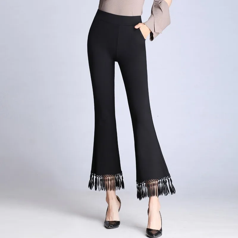 Fashion Women Tassels Flare Pants High Waist Slim Fit Office Ladies Ankle Length Plus Size 9XL Classic Black White | Женская одежда