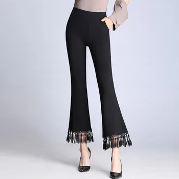 

Fashion Women Tassels Flare Pants High Waist Slim Fit Office Ladies Ankle Length Pants Plus Size 9XL Classic Black White Pants